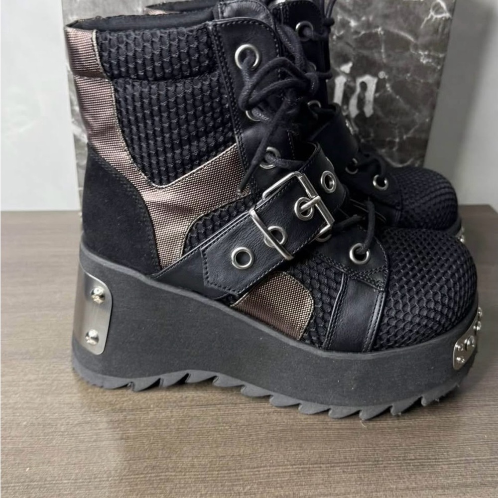 Demonia Black and Silver Combat Boots